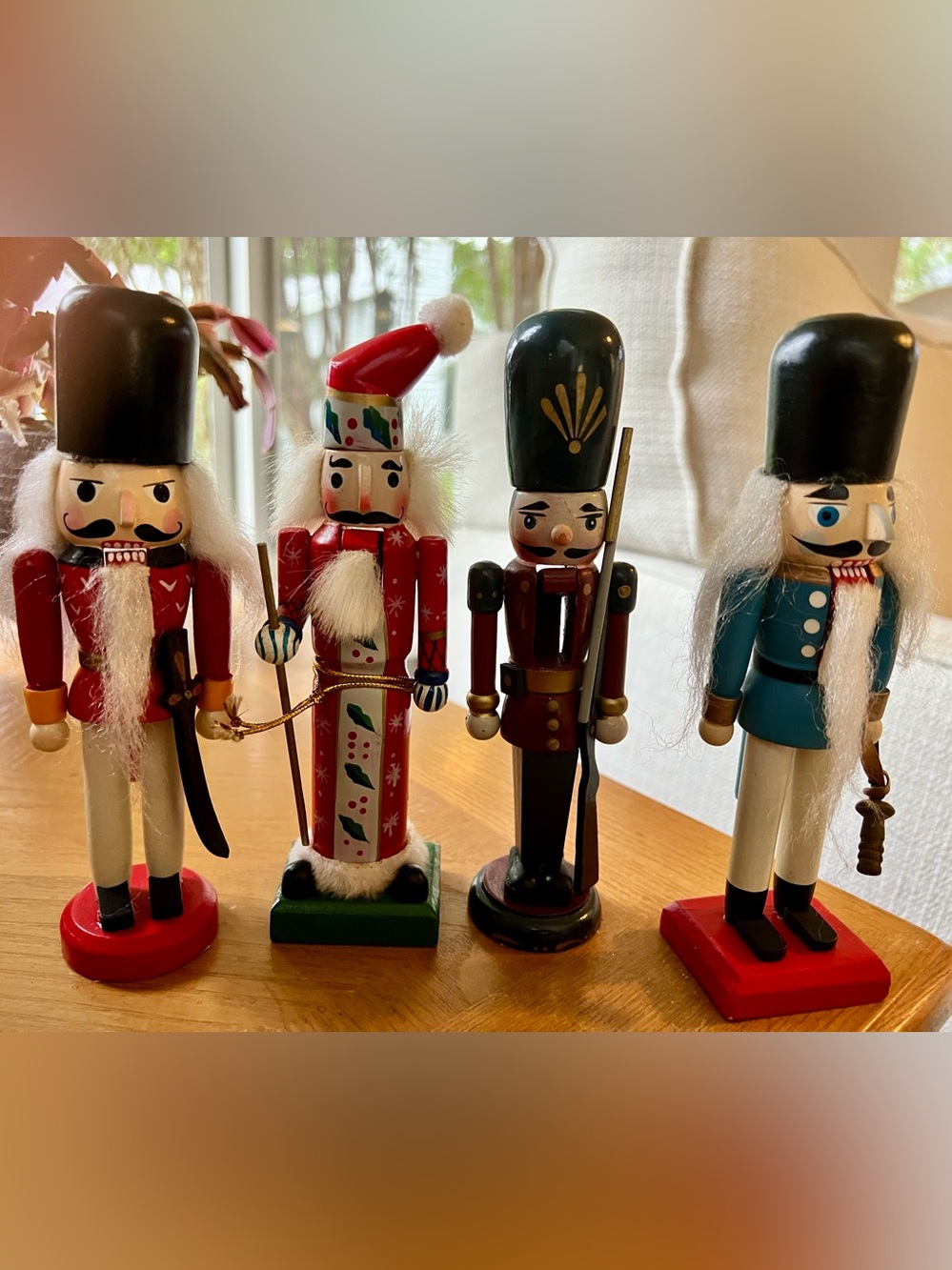Four Vintage Wooden Nutcrackers Hand Painted 7” Tall, Soldier/Santa, Very Cute.